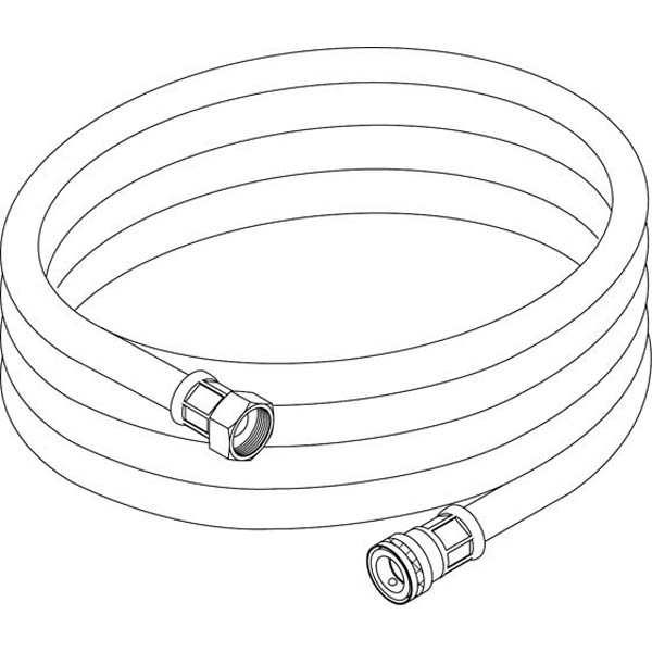 Black and white line drawing of a hose for J2000, with quick coupling from Diversey Deutschland GmbH & Co. OHG, coiled with fittings (hexagonal and cylindrical) for easy attachment.