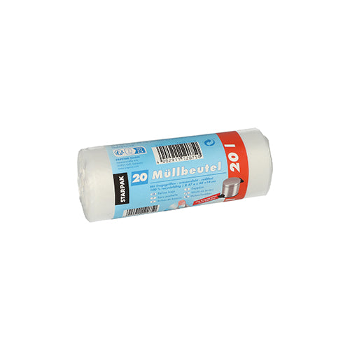 Eine Rolle mit 20 transparenten Starpak Müllbeuteln mit Tragegriffen (20L, 48x47 cm, HDPE) mit einer blau-roten Banderole mit der Aufschrift „20 Müllbeutel 20L“, einem Barcode, einem Mülleimerbild und der Marke Starpak.