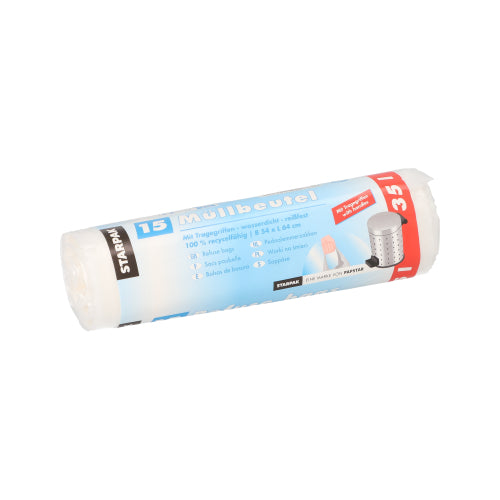 Eine Packung mit 15 transparenten Starpak-Müllbeuteln mit Griffen aus strapazierfähigem HDPE, jeweils 35 l (64 cm × 54 cm), wird mit einem Banderolenetikett mit Produktinformationen und einem Mülltonnenbild geliefert.