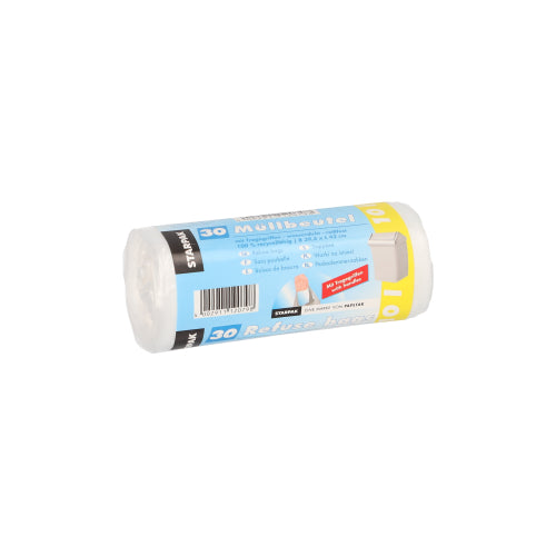 Eine Rolle mit 30 transparenten Starpak-Müllbeuteln mit Tragegriffen (HDPE, 10 l, 42 x 39,5 cm) mit Banderolenverpackung, mehrsprachig beschriftet, abgebildet vor einem schlichten weißen Hintergrund.