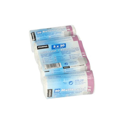 Four rolls of Starpak 100 cosmetic trash bags LDPE 5 l (44x36 cm, white), each packed in labeled LDPE packaging with barcodes and blue-violet accents, are stacked. Each pack contains 100 bags. Brand: Starpak.