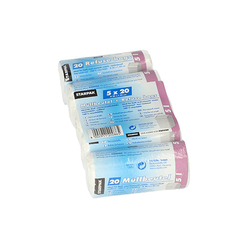 Vier Rollen Starpak 100 Kosmetik-Müllbeutel LDPE 5l (44x36 cm, weiß) sind gestapelt, jede Rolle enthält 25 Beutel. Blaue und violette Etiketten zeigen Produkt- und Anwendungsinformationen. Die Beutel bestehen aus LDPE-Folie für Kosmetikabfälle. Marke: Starpak.