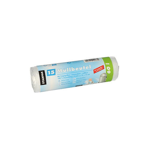 Eine Rolle mit 15 Starpak Müllbeuteln mit Tragegriffen, HDPE 60 l (75 cm x 65 cm), transparent, wird in einer Banderole mit deutlich sichtbarem Branding und Produktinformationen geliefert.