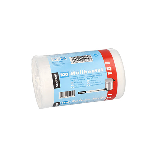 Eine Rolle Starpak 100 Müllbeutel (HDPE, 18 l, 52x46 cm, weiß) mit blau-roter Banderole mit der Aufschrift 100 Beutel. Das Etikett enthält einen Barcode und Recyclingsymbole.