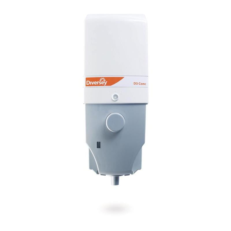 Ein weiß-grauer Wandspender von Diversey Deutschland GmbH & Co. OHG für Hochkonzentrate, beschriftet mit "Diverflow mit Sure Link System", mit zentralem runden grauen Knopf, Bodenauslauf und High Flow Wasseranschluss (1 Stück).