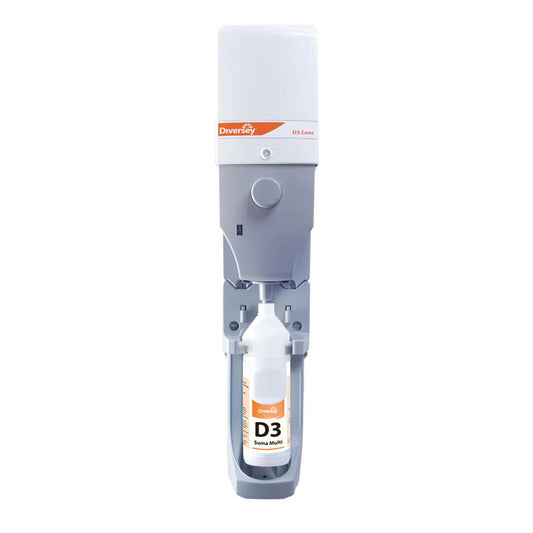 Ein grau-weißer Diverflow mit Sure Link System Zumischsystem für Hochkonzentrate, Wasseranschluss Low Flow (Diversey Deutschland GmbH & Co. OHG) Wandspender hält eine Reinigungsmittelflasche im Inneren, die im geöffneten Zustand sichtbar ist.