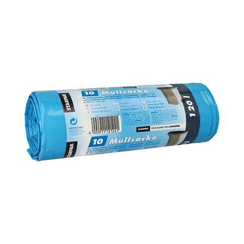 Eine Rolle mit 10 Starpak 120L Müllsäcken aus LDPE, mit bedruckter Verpackung, Barcode und Starpak-Branding, ist auf weißem Hintergrund abgebildet.