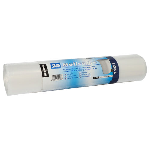 Eine Rolle mit 25 Starpak Müllsäcken (LDPE, 120 l, 110 cm x 70 cm) ist in klarem Kunststoff verpackt. Das blau-weiße Starpak-Etikett zeigt Produktinfos und "Müllsäcke 120 l" zur einfachen Identifizierung.