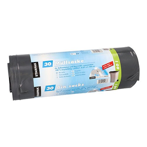 A roll of 30 extra strong, tear-resistant black LDPE Starpak garbage bags (60 l, 100 cm x 57 cm) with the label "Garbage Bags" on the band.