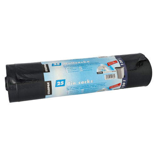 Eine Rolle mit 25 Starpak Müllsäcken (LDPE, 120 l, 110 cm x 70 cm), jeweils mit blau-weißem Etikett mit Produktinformationen und Mülleimerabbildungen - ideal für die tägliche Abfallentsorgung.