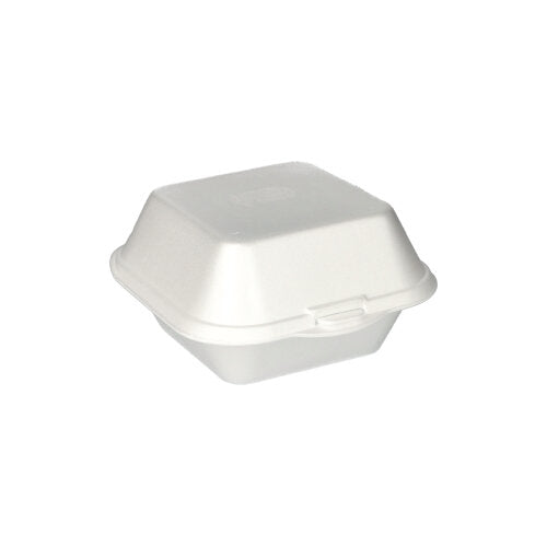 Ein Starpak 100 Hamburger-Boxen mit Klappdeckel (XPS, 7,5 x 12 x 12 cm, weiß) Lebensmittelbehälter ist geschlossen vor einem schlichten weißen Hintergrund abgebildet.