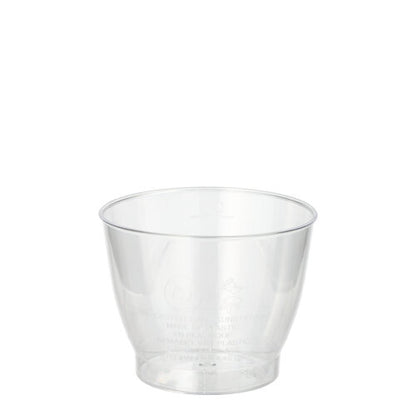 A clear Starpak 15 drinking cup made of sturdy PS, 0.1l capacity, Ø 6.8cm/5.4cm, stands upright against a plain white background. The plastic cup is crystal clear and is delivered in a pack of 15 with shrink wrap.