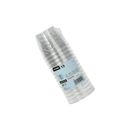 Against a plain white background, a package of 15 drinking cups (0.1 l, Ø 6.8 cm) made of transparent plastic by Starpak is depicted, stacked and wrapped in shrink wrap with a blue and white label.