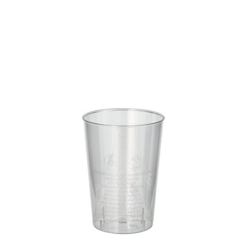 A crystal-clear Starpak 40 drinking cup (PS, 0.1l, Ø 5.5cm · 7.5cm) stands against a white background. Light text details are visible on the shrink wrap – ideal for parties and events (40 pieces).