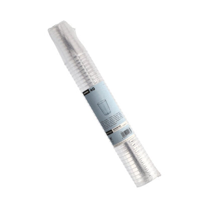 A transparent stack with 40 Starpak drinking cups (PS, 0.1 L, Ø5.5 x 7.5 cm), crystal-clear and wrapped in shrink wrap with a blue label – ideal for parties and events.