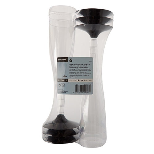 Ein Sechserpack Starpak Stiel-Gläser für Sekt (0,1 l, Ø 5 cm, 17,5 cm, glasklar) aus PS mit schwarzem Boden, gestapelt und in einer Klarsichtverpackung mit Produktinfo-Etikett verpackt.