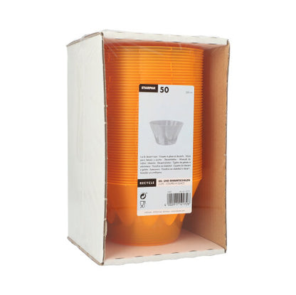 A pack of 50 orange Starpak PS ice cream and dessert bowls (500 ml, Ø 13 cm, height 7.5 cm) is stacked in an open cardboard tray, with a white label containing product details and a barcode attached to the front.