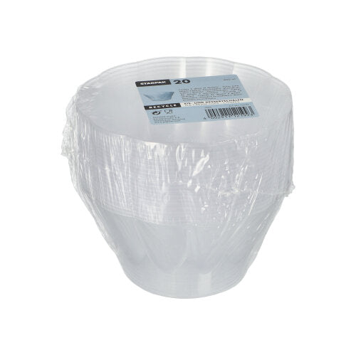 Ein Stapel von 20 transparenten runden Starpak PS-Dessertschalen (400 ml, Ø 12 cm, 7 cm) ist in Plastikfolie eingewickelt und auf einem Kartontablett mit Markenaufdruck platziert. Der Hintergrund ist schlicht weiß.