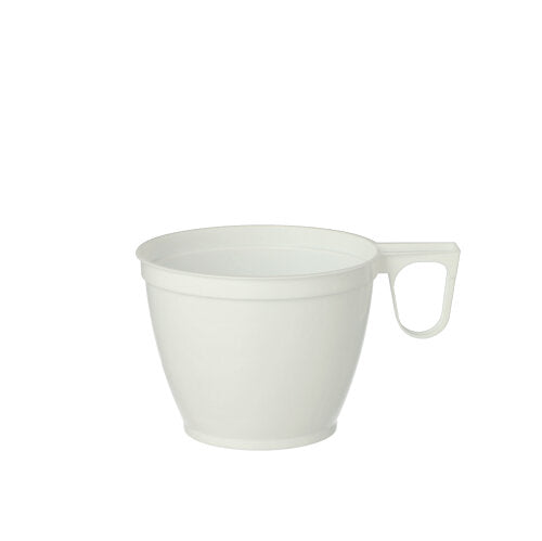 Eine schlichte weiße Starpak 60 Kaffeetassen, PS 0,18 l Tasse mit breitem, abgerundetem Korpus und kleinem flachen Henkel auf der rechten Seite, vor weißem Hintergrund.