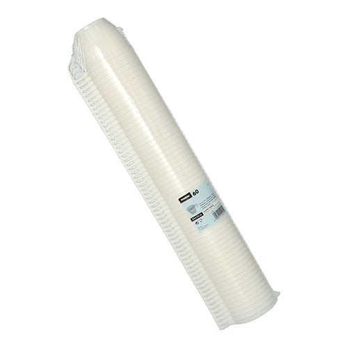 Abgebildet ist ein Stapel von 60 weißen Starpak Kaffeetassen (PS, 0,18 l, Ø7,8 cm, 6 cm) in Schrumpffolie eingewickelt mit einem Produktetikett, auf dem Details und Menge auf weißem Hintergrund angezeigt werden.