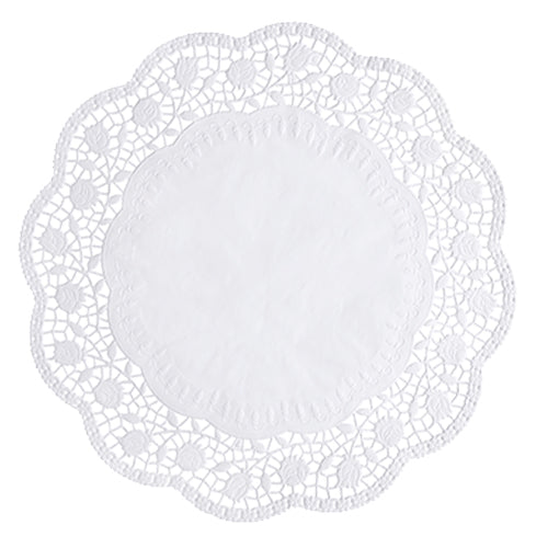 The PAPSTAR 100 round, white doilies from PAPSTAR GmbH is a round white doily with a solid core and a filigree, lace-like wavy edge with floral and geometric patterns made from FSC-certified material.