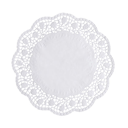 The PAPSTAR 100 round, white doilies from PAPSTAR GmbH are made of FSC-certified paper, have a solid center, and a filigree, floral-like pattern at the wavy edge.