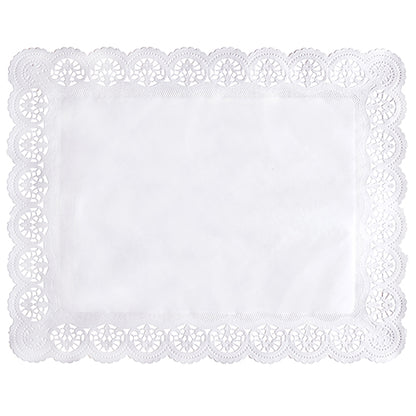 The PAPSTAR 100 decorative paper doilies square, white from PAPSTAR GmbH is a rectangular white doily with a plain center and an ornate lace edge with circle and fan motifs.