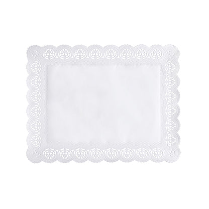 The PAPSTAR 100 decorative paper doilies square, white from PAPSTAR GmbH are rectangular with lace-like, scalloped edges and a solid center on a plain white background.