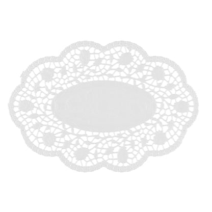 The PAPSTAR 500 oval white Mokkalace of PAPSTAR GmbH is a white paper doily with a floral pattern and scalloped edges - ideal for the stylish coffee table, here on a plain white background.