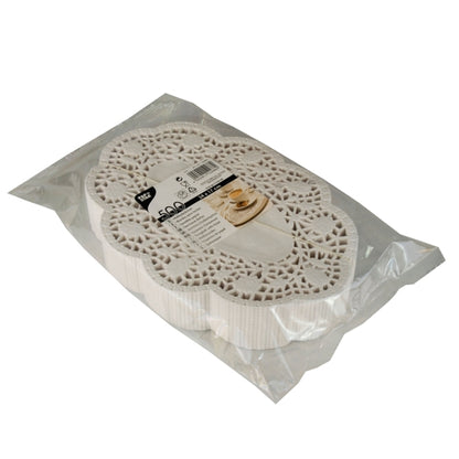 A sealed plastic package with PAPSTAR 500 oval white Mokkalace of PAPSTAR GmbH, containing white oval paper doilies with lace pattern. The product label is visible on top, perfect for your coffee table.