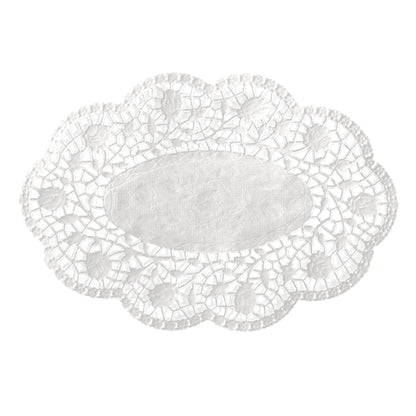 The PAPSTAR 500 oval white Mokkalace of PAPSTAR GmbH consists of white lace with scalloped edges and floral patterns and is made from high-quality materials - ideal for an elegant coffee table against a plain white background.