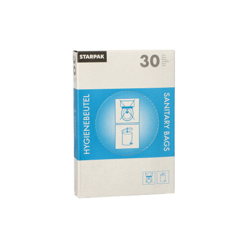 The Starpak dispenser box contains 30 white sanitary bags (28.5 x 8 x 7 cm) with blue-white packaging, the inscription "HYGIENEBEUTEL" and "SANITARY BAGS", with instructions and trash can illustrations on the front.