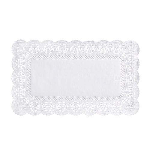 A rectangular white PAPSTAR 100 decorative paper doily from PAPSTAR GmbH with a firm center and an ornate lace edge with a floral pattern.