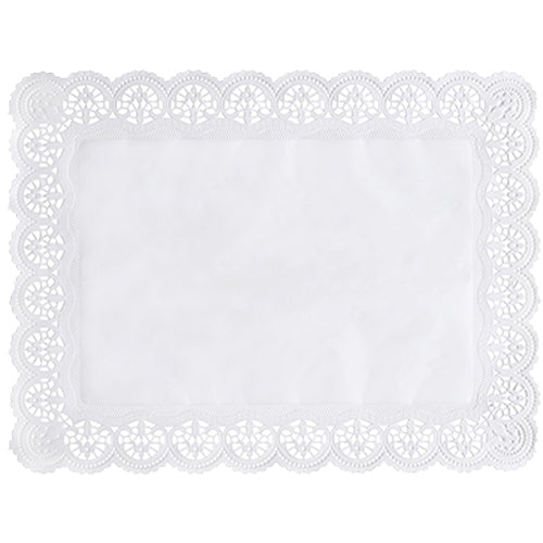 The PAPSTAR 100 decorative paper doilies square, white from PAPSTAR GmbH consists of rectangular, white decorative paper with a detailed lace-like edge, scalloped edges, and a smooth center on a plain background.