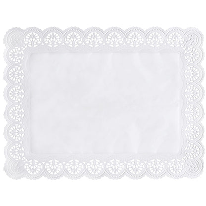 The PAPSTAR 100 decorative paper doilies square, white from PAPSTAR GmbH consists of rectangular, white decorative paper with a detailed lace-like edge, scalloped edges, and a smooth center on a plain background.