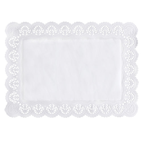 The PAPSTAR 100 decorative paper doilies square, white from PAPSTAR GmbH is a rectangular white doily with an intricate lace-like edge and a plain center, shown from above on a white background.