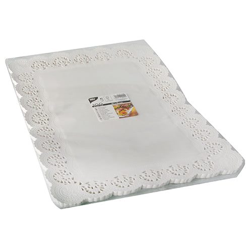 PAPSTAR 100 decorative paper doilies square, white from PAPSTAR GmbH: square decorative papers with decorative scalloped edges and die-cut patterns, neatly stacked and packaged with a top label.