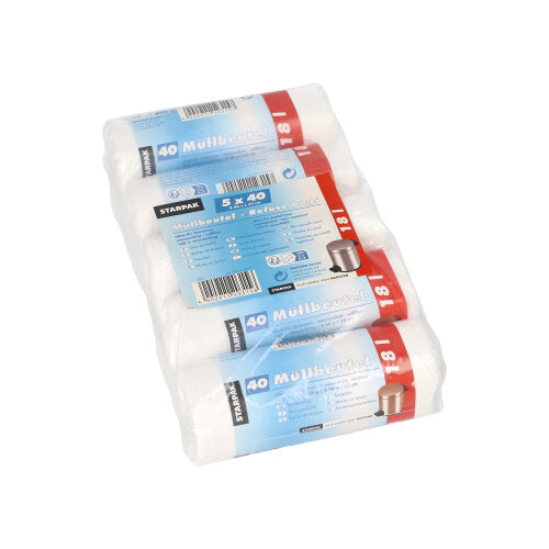 Gestapelt sind vier Rollen weißer Starpak 40 Müllbeutel (HDPE, 18L, 52x46 cm), jeweils mit blau-roter deutscher Verpackung, die eine silberne Mülltonne zeigt, mit „40 Müllbeutel“ beschriftet ist und aus robustem HDPE-Material besteht.