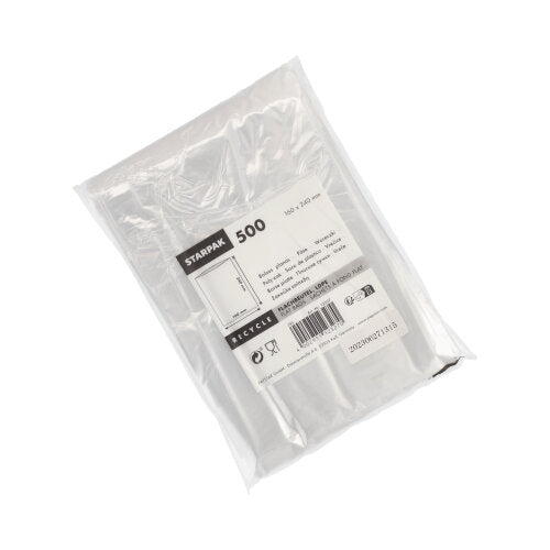 Die Starpak 500 Flachbeutel aus transparentem LDPE sind in einer klaren Verpackung mit weißem Etikett verpackt, das Produktdetails, Maße und Barcodes zeigt.