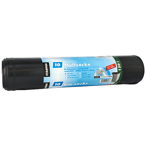 Eine Rolle mit 10 Starpak Müllsäcken, LDPE, mit einem blau-weißen Etikett mit der Aufschrift "Starpak Müllsäcke, 10 Müllsäcke, 150 L" und Produktinformationen in Deutsch und Englisch.
