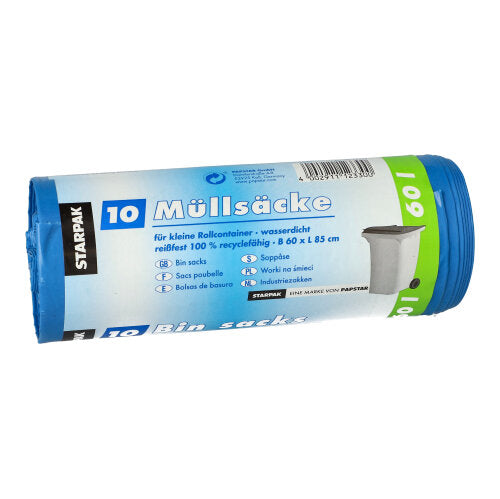 Eine gerollte Packung mit zehn blauen Starpak 10 Müllsäcken, LDPE, von Starpak, für kleine Behälter, mit starkem Material und der auf der Verpackung angegebenen Größe 60 x 85 cm.
