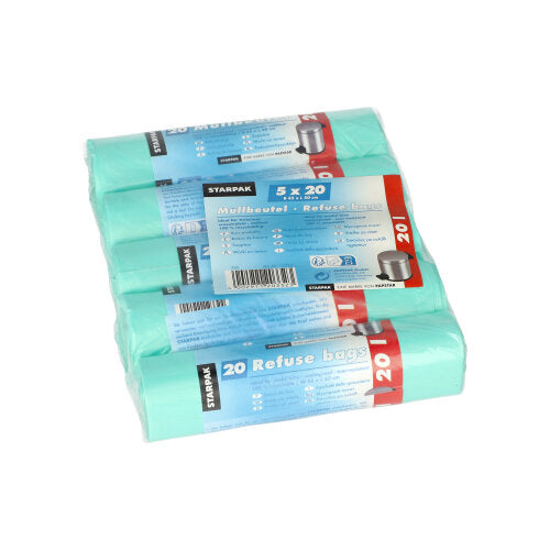 Eine Packung mit fünf Starpak 20 Müllbeutelrollen (HDPE, 20 l, 50 cm x 45 cm, mint). Jede Rolle enthält 20 Beutel und ist in durchsichtigen Kunststoff mit einer blau-roten Banderole mit Produktinformationen und Starpak-Branding eingewickelt.