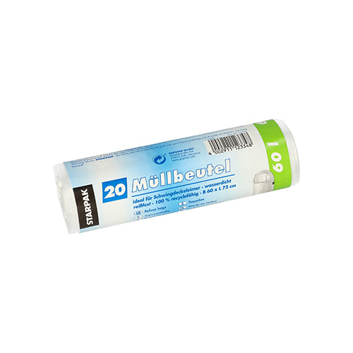 Abgebildet ist eine Packung mit 20 transparenten Starpak HDPE-Müllbeuteln (60 l, 72 x 60 cm). Die überwiegend weiße Verpackung mit blauen und grünen Akzenten zeigt deutsche Produktdetails und weist darauf hin, dass die Beutel recycelbar sind.