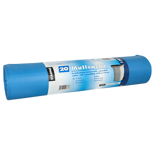 Eine Rolle Starpak 20 Müllsäcke, LDPE 120 l 110 x 70 cm blau, mit einer deutschen Banderole mit der Abbildung einer Mülltonne und Symbolen für Abfallentsorgung und Größe (20 Stück).