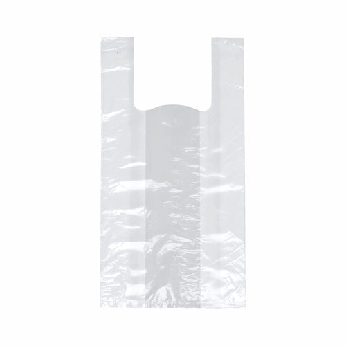 Eine transparente Starpak 250 Hemdchen-Tragetasche (HDPE, 48x22x12 cm) Knotenbeutel mit Griffen liegt flach auf einem schlichten weißen Hintergrund.