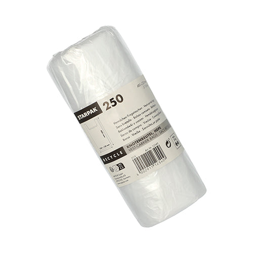 Eine Rolle mit 250 transparenten Starpak HDPE-Knotenbeuteln (48 x 22 x 12 cm) in Schrumpffolie, mit einem beige-schwarzen Etikett mit Markennamen, Menge, Barcode und Recyclinginformationen.