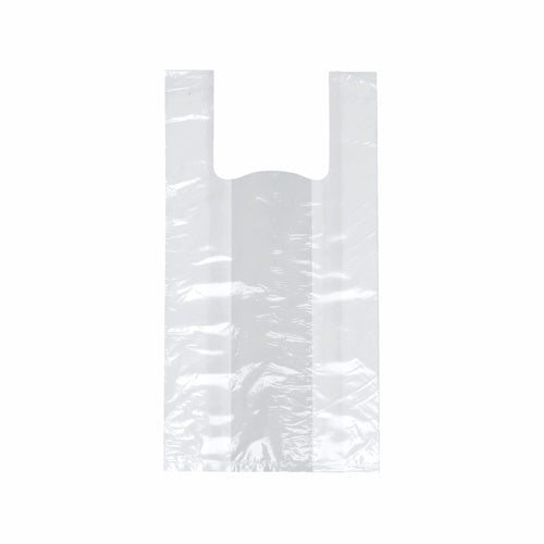 Die Starpak 200 Hemdchen-Tragetasche, HDPE weiss, wird leer mit zwei Griffen vor einem schlichten weißen Hintergrund präsentiert, was ihr leichtes und umweltfreundliches Design unterstreicht.