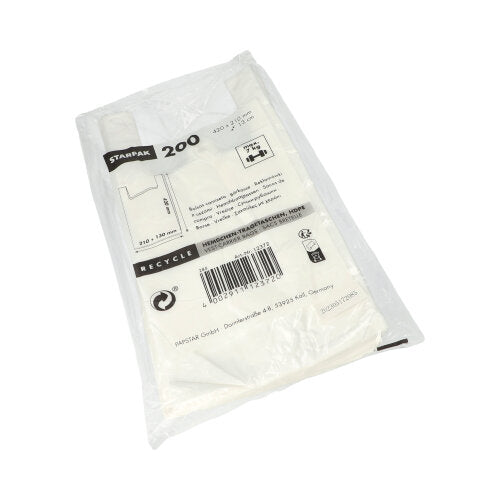 Die Starpak 200 Hemdchen-Tragetaschen, HDPE weiss werden in einer durchsichtigen Kunststoffverpackung mit aufgedrucktem Text, Barcode und Informationen zum umweltfreundlichen Recycling auf der Vorderseite geliefert.