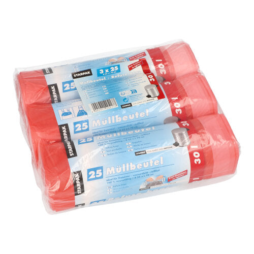 Drei Rollen Starpak 75 Müllbeutel mit Zugband, rote HDPE-Säcke (30 l, 70 x 55 cm), jede Rolle mit einem blau-weißen Etikett mit der Aufschrift „Müllbeutel“ und Mülltonnenbildern, insgesamt 75 Säcke pro Packung.