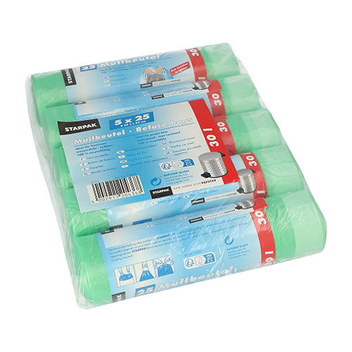 Eine eingeschweißte Packung enthält 125 grüne Starpak HDPE-Müllbeutel (30 l, 62 x 55 cm) mit Zugband. Die Etiketten zeigen die Marke Starpak, Produktdetails, Informationen zum Zugband und Abbildungen der Mülltonne.